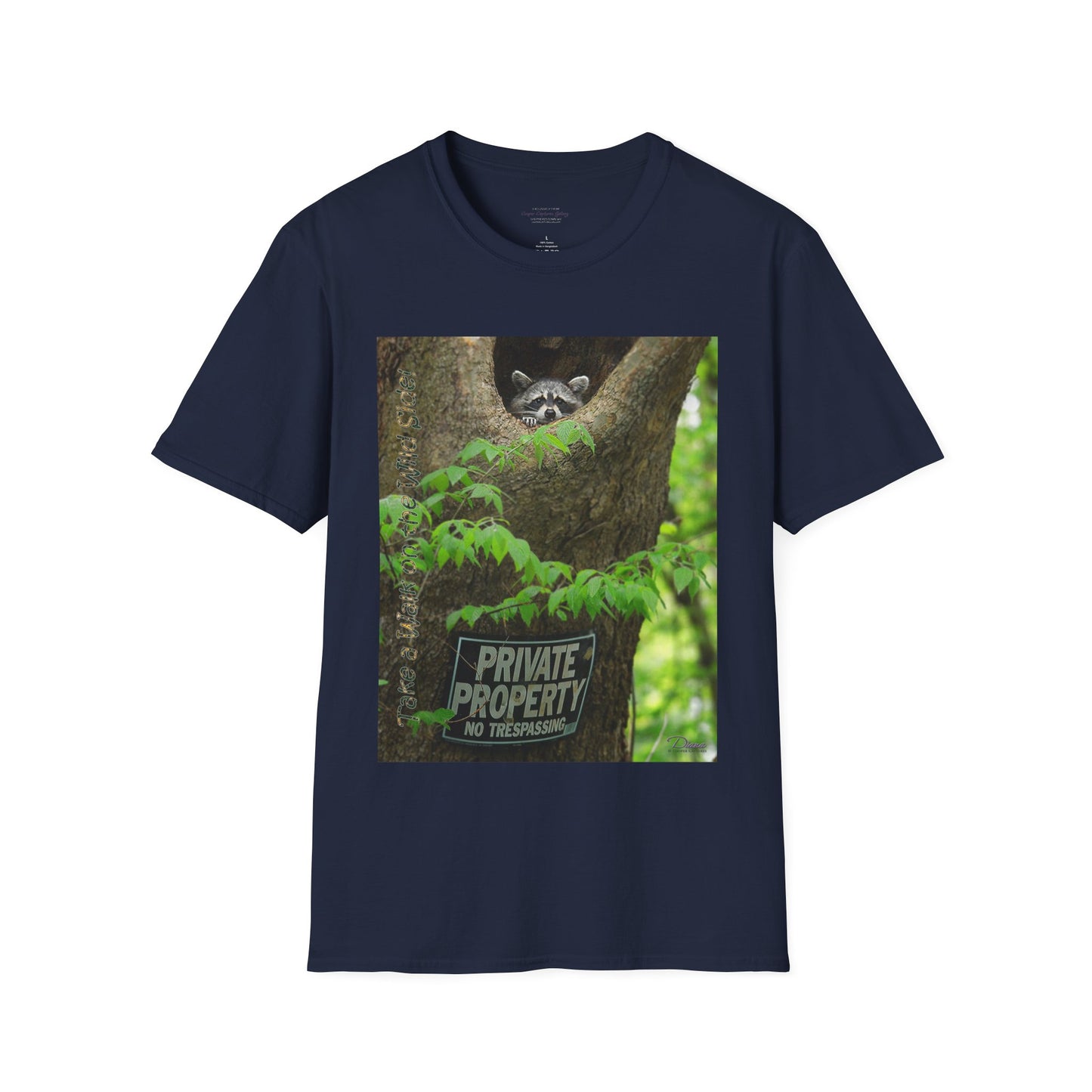 Playful raccoon in a tree hole with "Private Property" sign - T-shirt