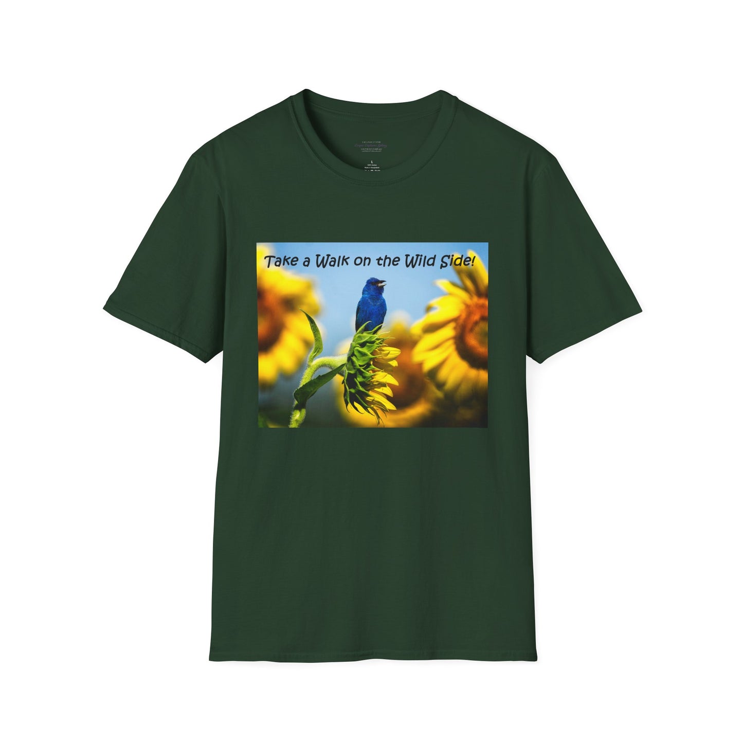 Indigo bunting on sunflowers with a blue sky - T-shirt
