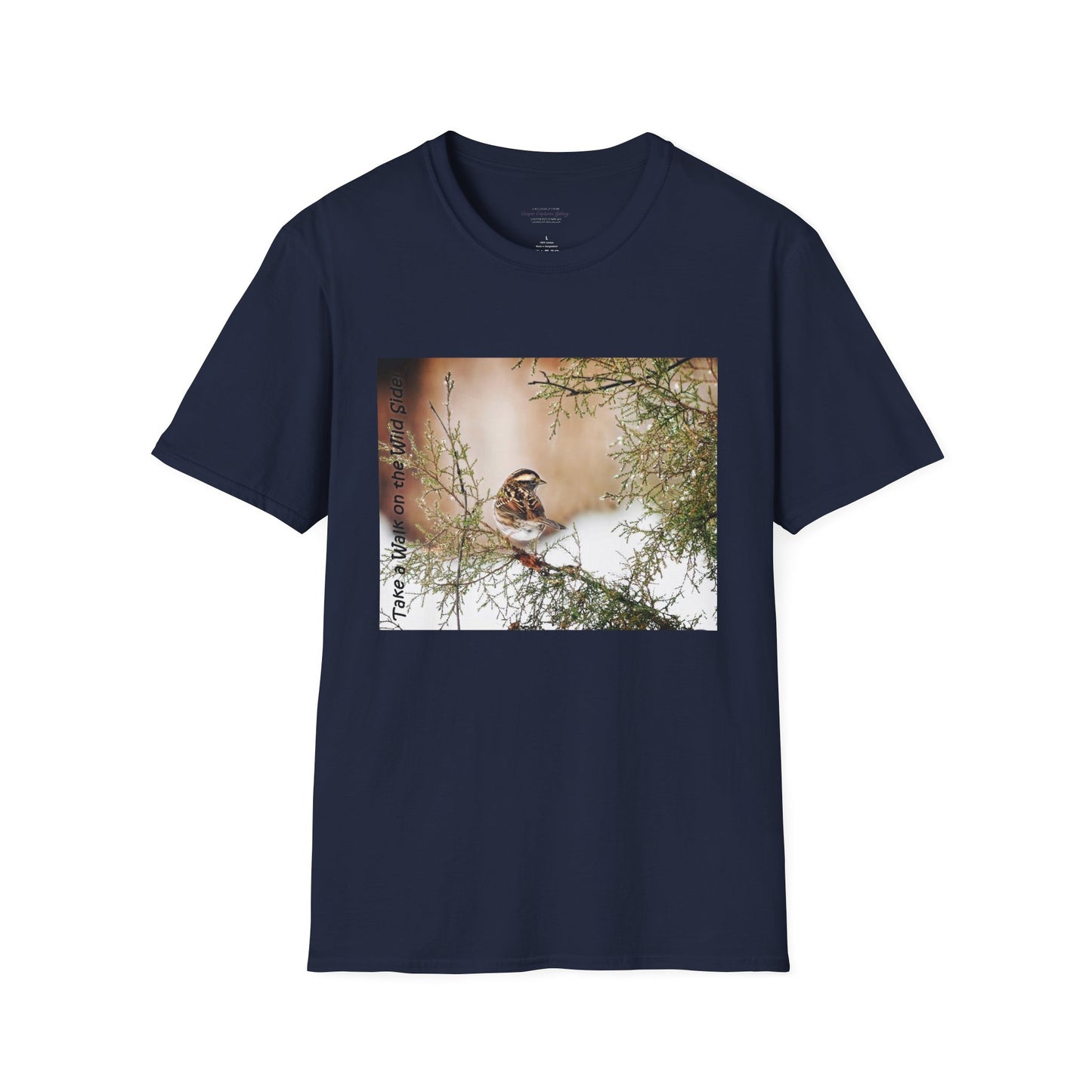 Sparrow sitting in an evergreen surrounded by snow - T-shirt