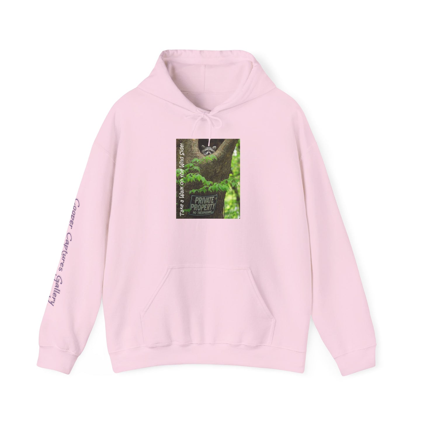 Raccoon in a tree opening with "Private Property" sign - Heavy Blend™ Hooded Sweatshirt