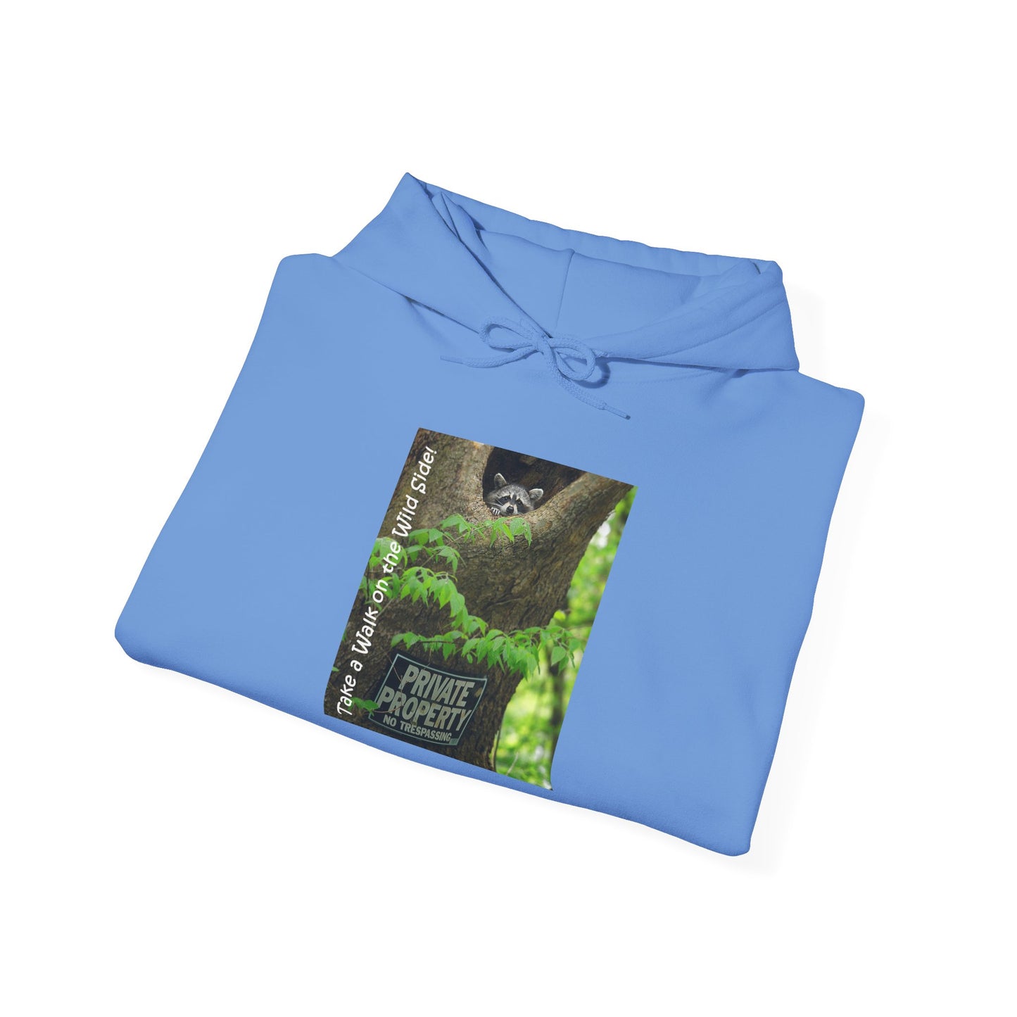 Raccoon in a tree opening with "Private Property" sign - Heavy Blend™ Hooded Sweatshirt