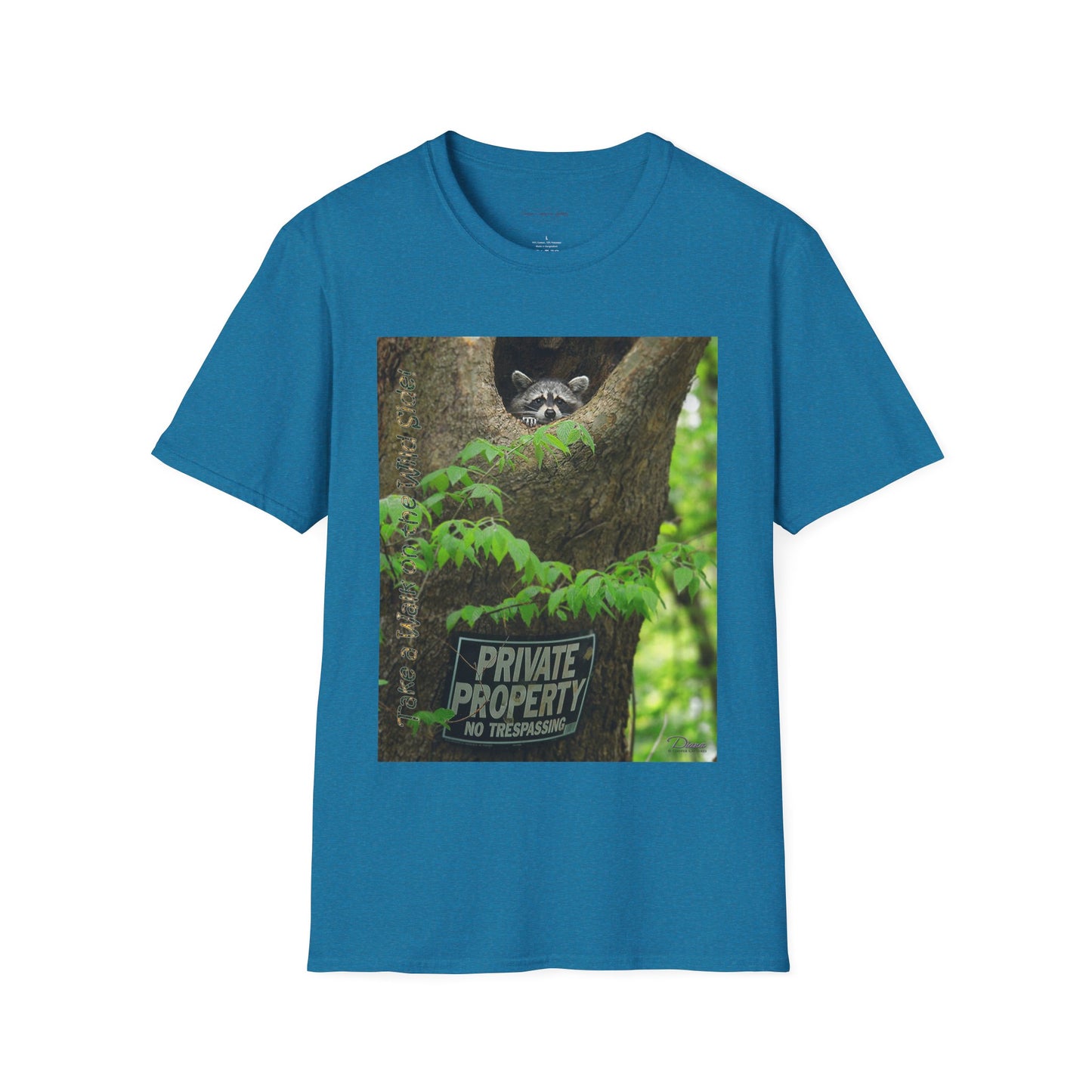 Playful raccoon in a tree hole with "Private Property" sign - T-shirt