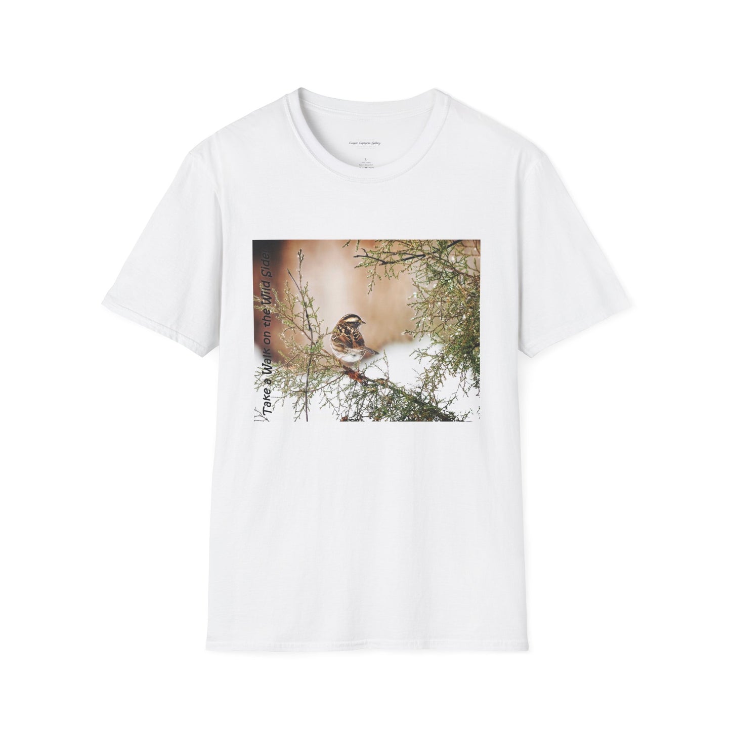 Sparrow sitting in an evergreen surrounded by snow - T-shirt