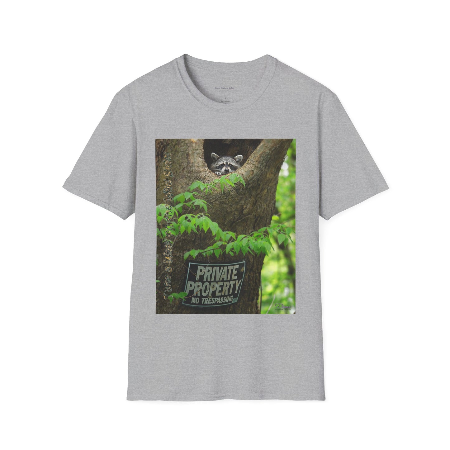 Playful raccoon in a tree hole with "Private Property" sign - T-shirt