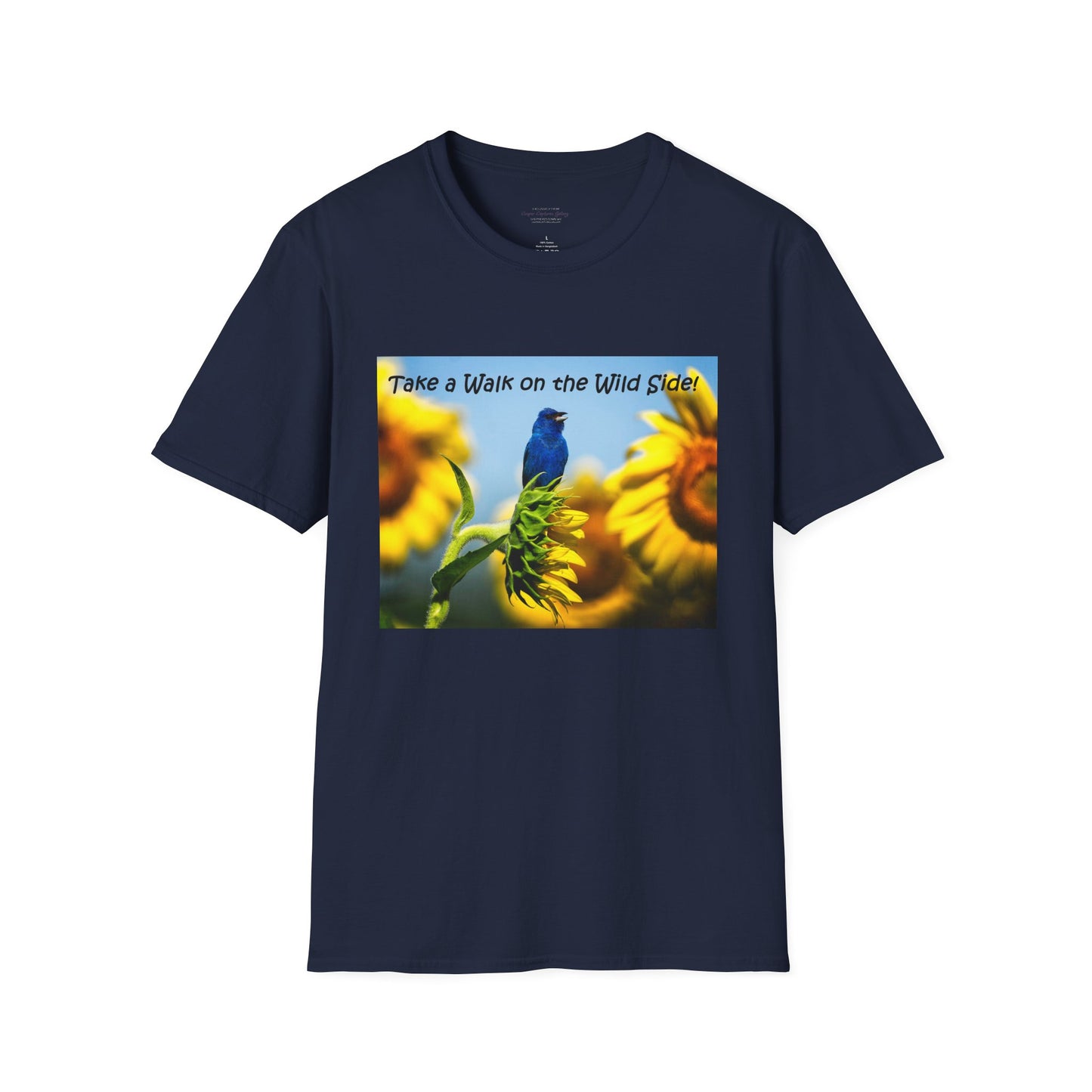 Indigo bunting on sunflowers with a blue sky - T-shirt