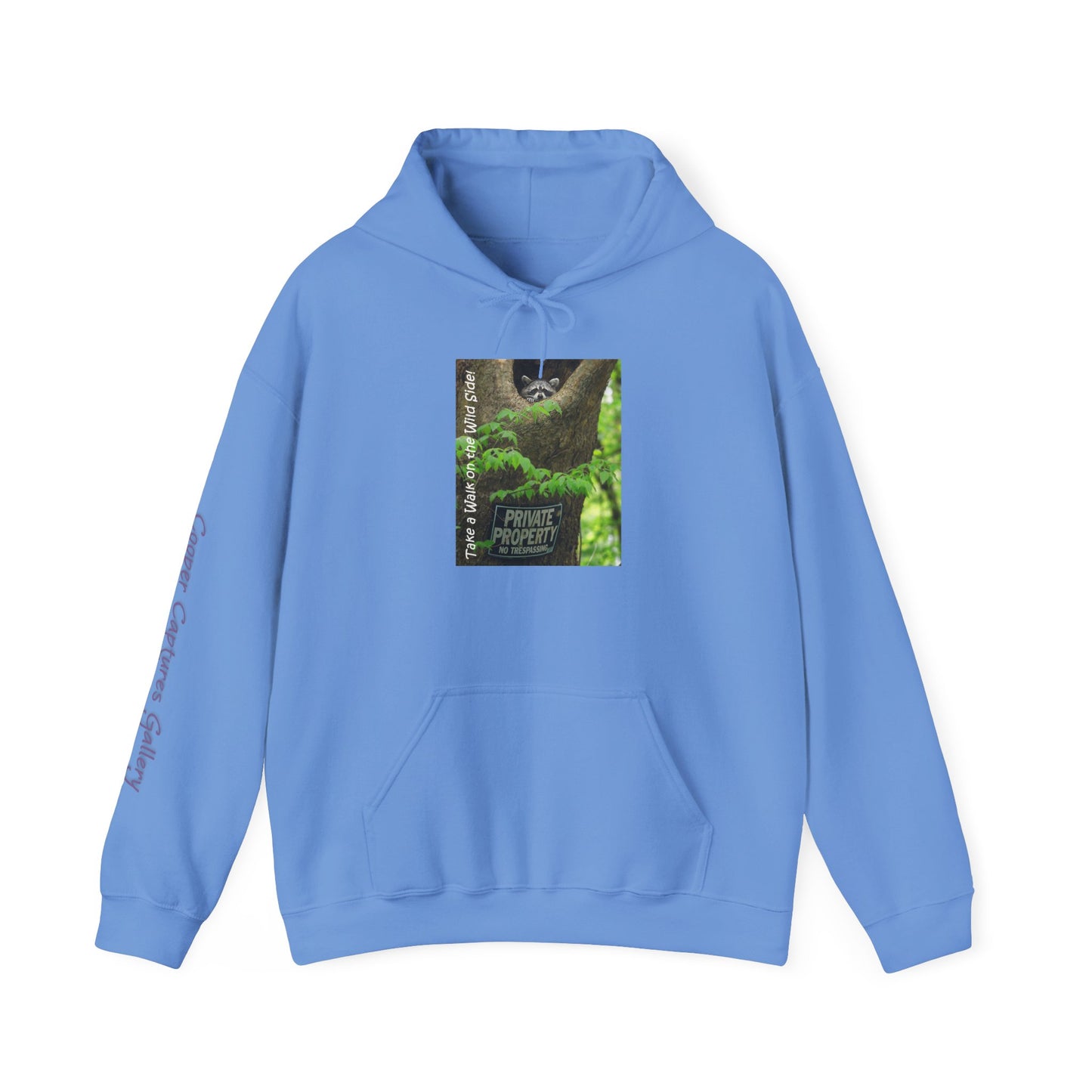 Raccoon in a tree opening with "Private Property" sign - Heavy Blend™ Hooded Sweatshirt